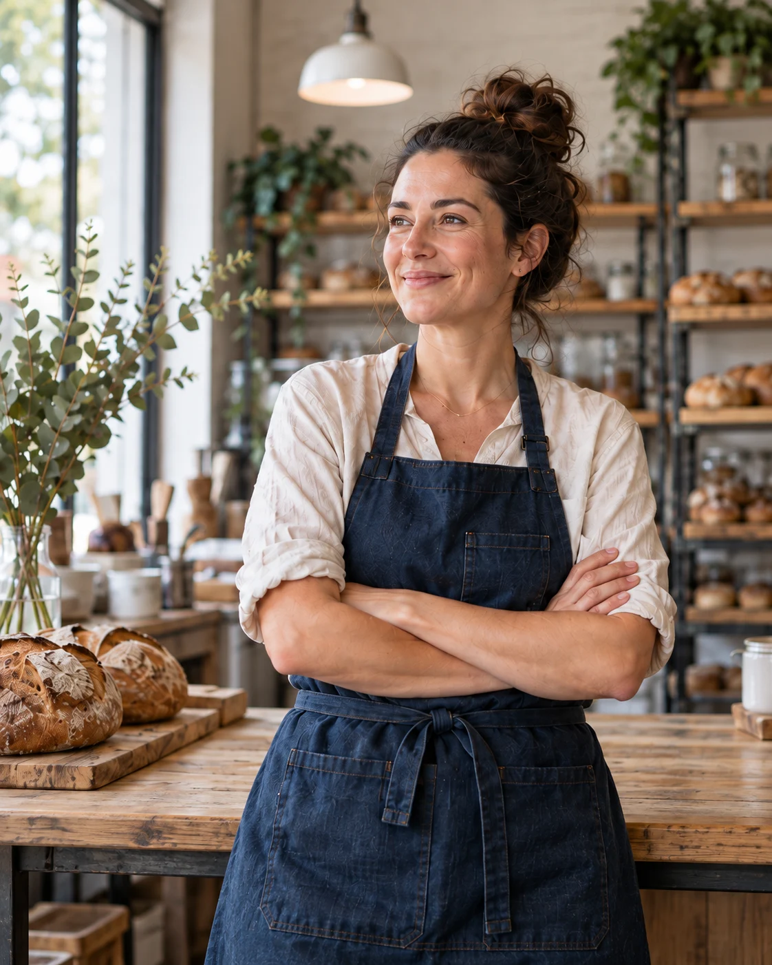 Bakery owner standing in a sunlit artisan bakery